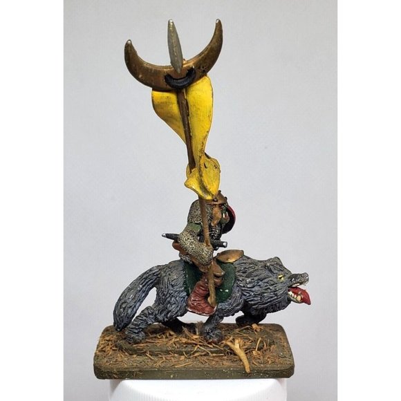 Ogre Warrior On Wolf W/ Flag Shield Miniature Figurine Statue On Stone Slab - Picture 2 of 10
